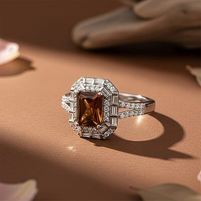 D'Joy Premium Golden Turkizite and Moissanite 2.30 ctw Octagonal Window Ring in Rhodium Over Sterling Silver (Size 6.0)
