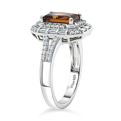 D'Joy Premium Golden Turkizite and Moissanite 2.30 ctw Octagonal Window Ring in Rhodium Over Sterling Silver (Size 6.0)