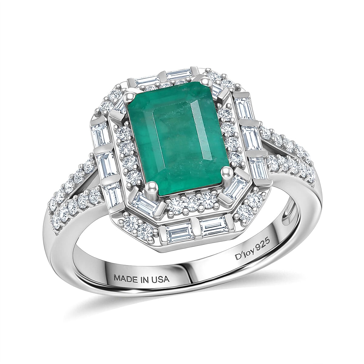 D'Joy Premium Kagem Zambian Emerald and Moissanite 2.15 ctw Octagonal Window Ring in Rhodium Over Sterling Silver (Size 6.0)