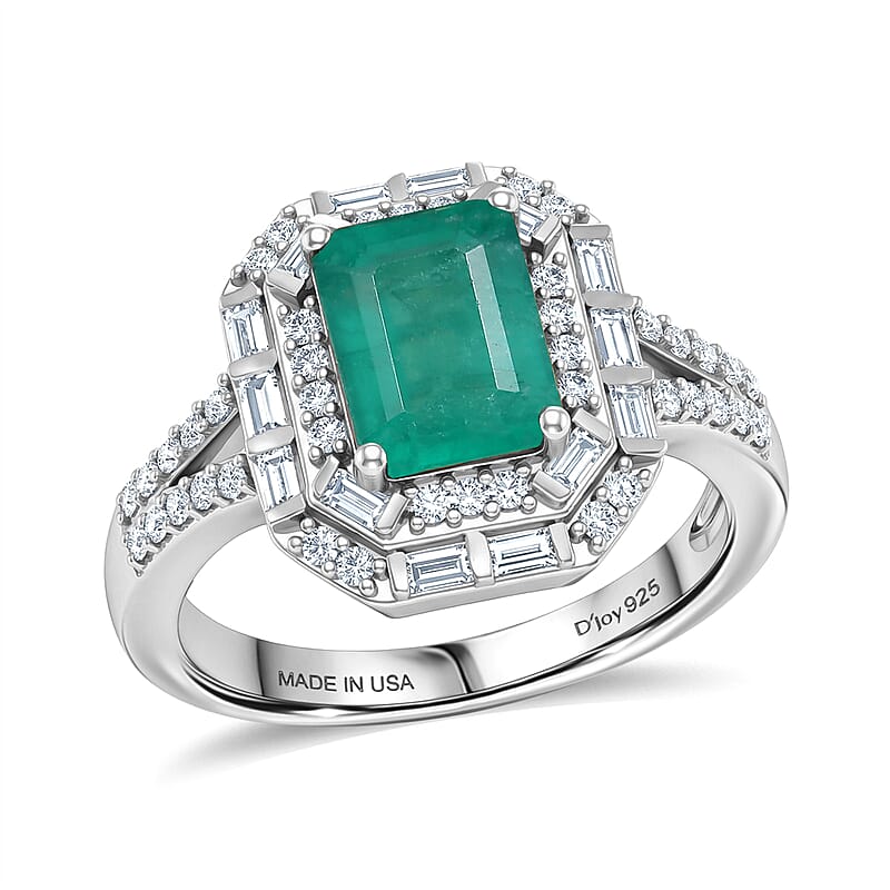 D'Joy Premium Kagem Zambian Emerald and Moissanite 2.15 ctw Octagonal Window Ring in Rhodium Over Sterling Silver (Size 6.0)