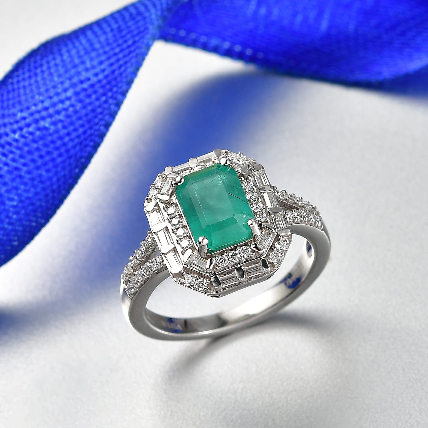 D'Joy Premium Kagem Zambian Emerald and Moissanite 2.15 ctw Octagonal Window Ring in Rhodium Over Sterling Silver (Size 6.0)