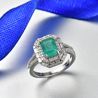 D'Joy Premium Kagem Zambian Emerald and Moissanite 2.15 ctw Octagonal Window Ring in Rhodium Over Sterling Silver (Size 6.0)