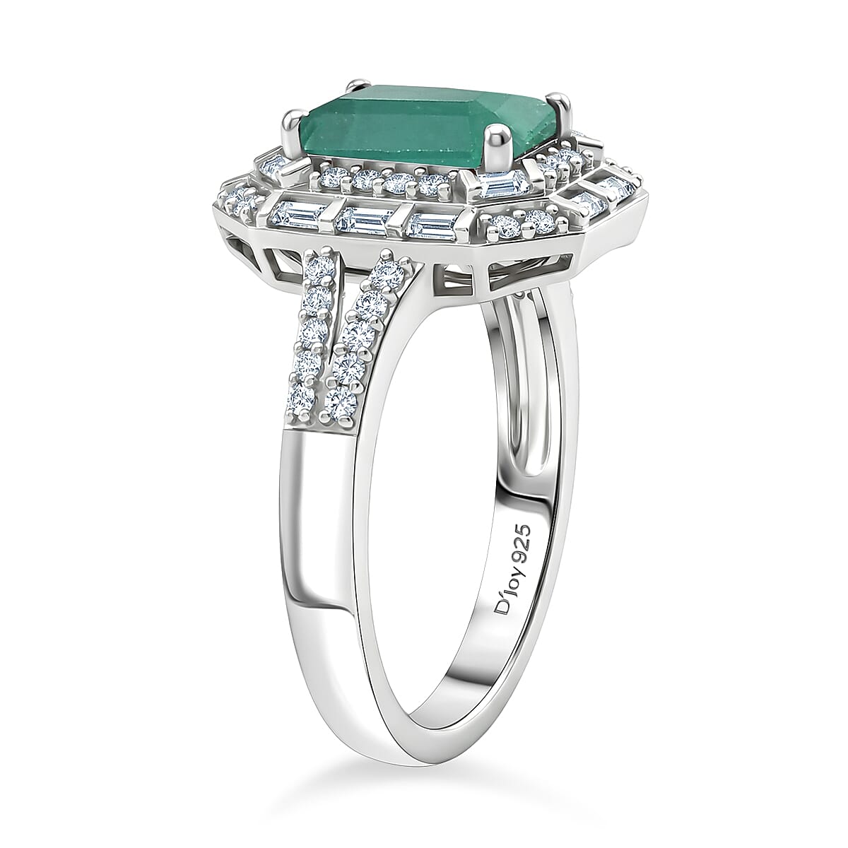 D'Joy Premium Kagem Zambian Emerald and Moissanite 2.15 ctw Octagonal Window Ring in Rhodium Over Sterling Silver (Size 6.0)