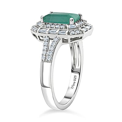 D'Joy Premium Kagem Zambian Emerald and Moissanite 2.15 ctw Octagonal Window Ring in Rhodium Over Sterling Silver (Size 6.0)