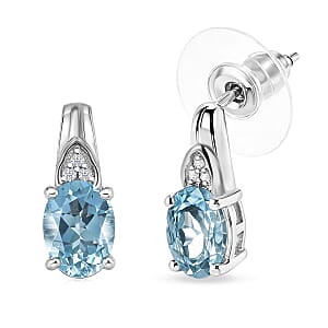 D'Joy Sky Blue Topaz and White Zircon 3.15 ctw Stud Earrings in Platinum Over Sterling Silver and Stainless Steel