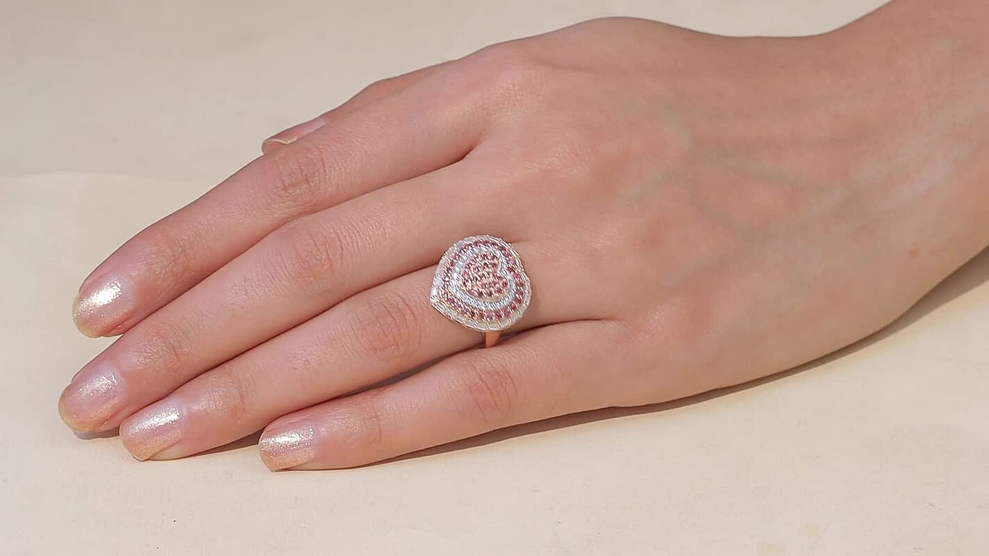 D'Joy Premium Padparadscha Sapphire, Moissanite Ring in 18K Vermeil RG Over Sterling Silver (Size 10.0) 1.50 ctw
