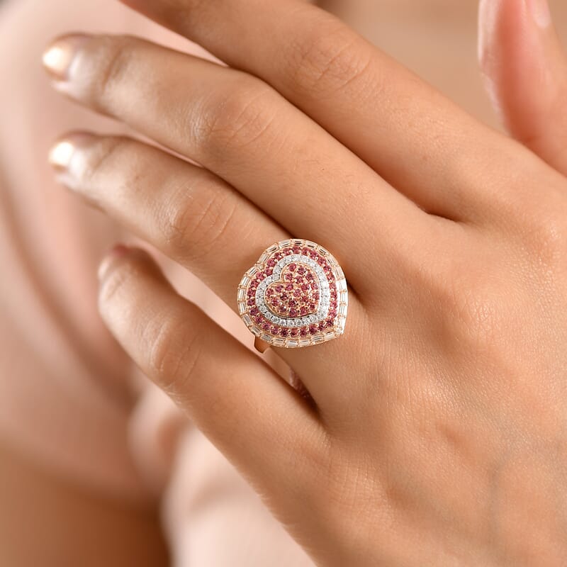 D'Joy Premium Padparadscha Sapphire and Moissanite 1.70 ctw Royal Medallions Ring in 18K Vermeil Rose Gold Over Sterling Silver (Size 5.0)