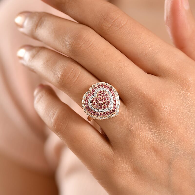 D'Joy Premium Padparadscha Sapphire and Moissanite 1.70 ctw Royal Medallions Ring in 18K Vermeil Rose Gold Over Sterling Silver (Size 5.0)