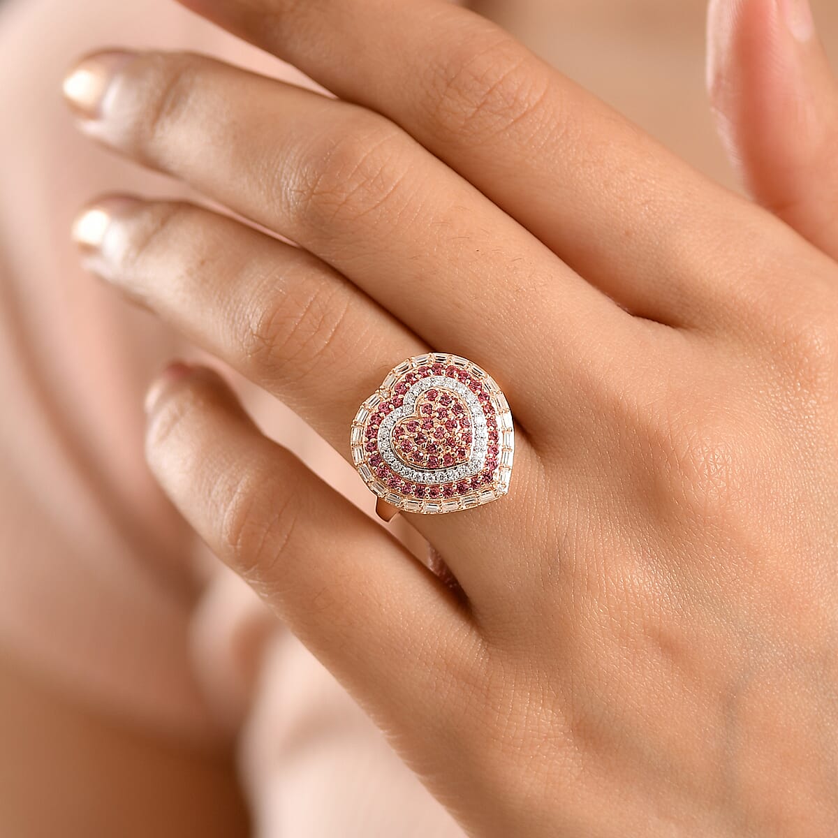 D'Joy Premium Padparadscha Sapphire and Moissanite 1.70 ctw Royal Medallions and Ceremonial Coin Ring in 18K Vermeil Rose Gold Over Sterling Silver (Size 6.0) image number 2