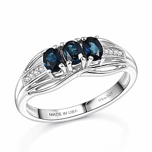 D'Joy Premium Monte Belo Indicolite and White Zircon 0.60 ctw Azure Trinity Ring in Rhodium Over Sterling Silver (Size 6.0)