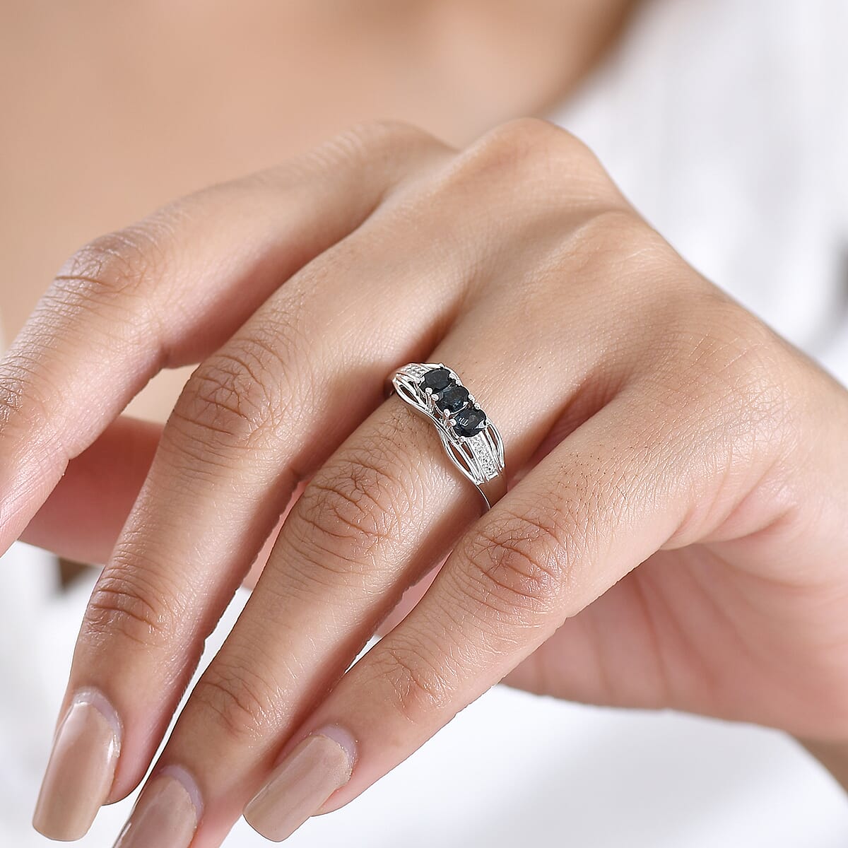 D'Joy Premium Monte Belo Indicolite and White Zircon 0.60 ctw Azure Trinity Ring in Rhodium Over Sterling Silver (Size 6.0) image number 2