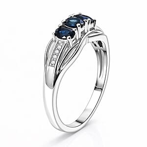 D'Joy Premium Monte Belo Indicolite and White Zircon 0.60 ctw Azure Trinity Ring in Rhodium Over Sterling Silver (Size 6.0)