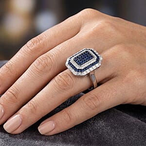 D'Joy Premium Ceylon Blue Sapphire and Moissanite 1.85 ctw Royal Medallions and Ceremonial Coin Ring in Rhodium Over Sterling Silver (Size 6.0)