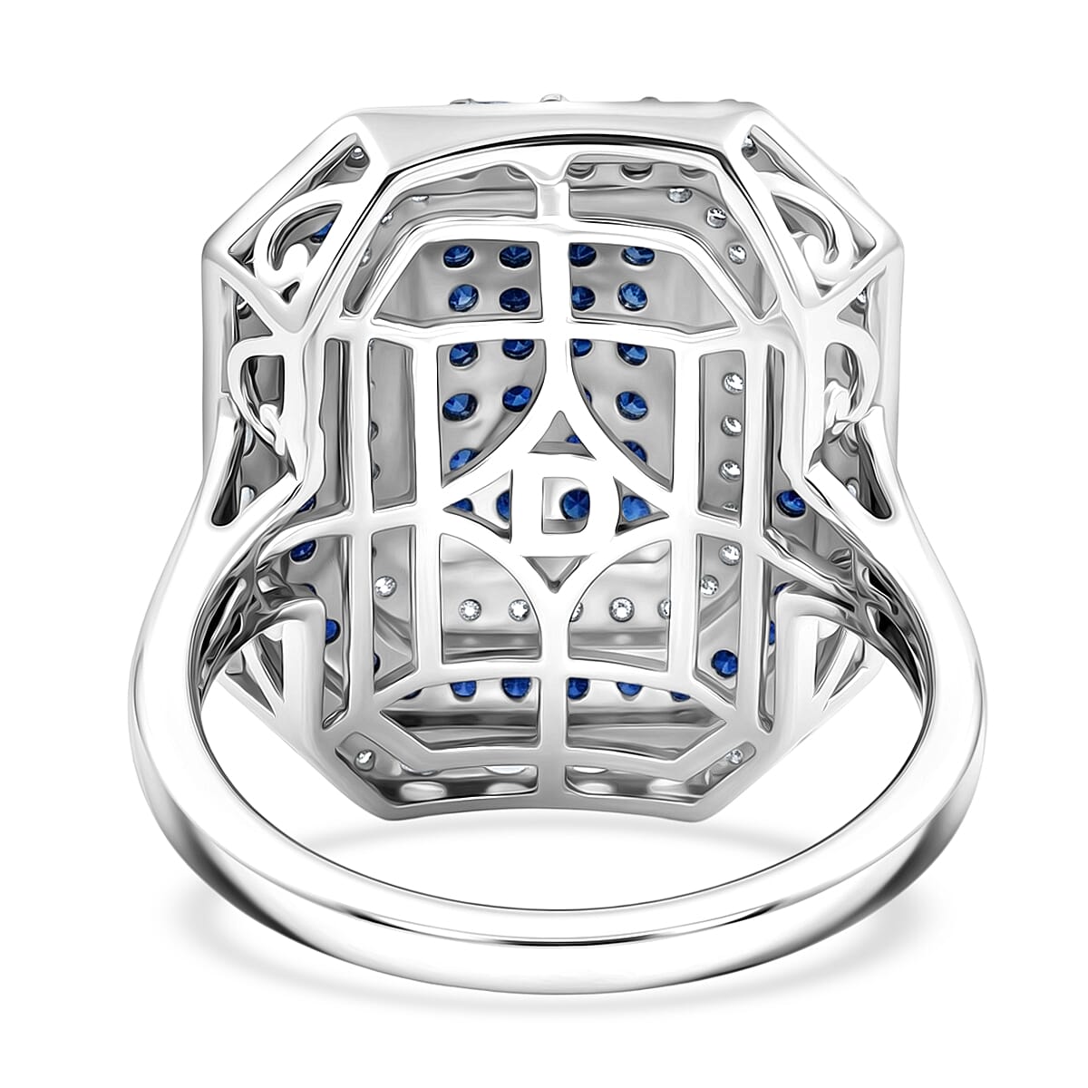 D'Joy Premium Ceylon Blue Sapphire and Moissanite 1.85 ctw Royal Medallions and Ceremonial Coin Ring in Rhodium Over Sterling Silver (Size 7.0) image number 4