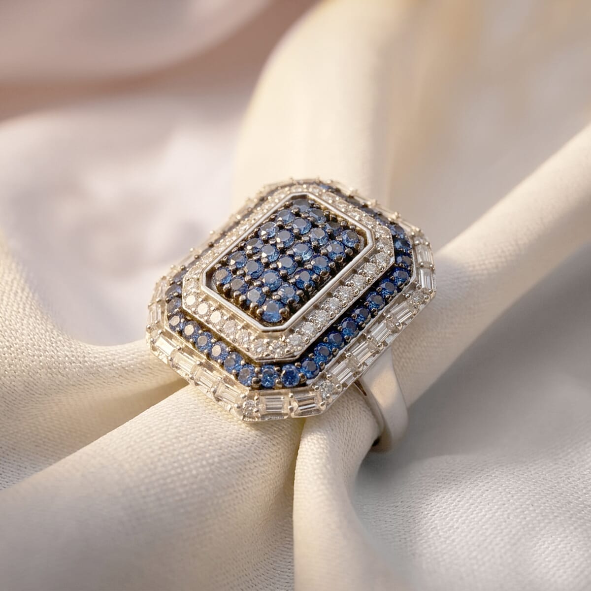 D'Joy Premium Ceylon Blue Sapphire and Moissanite 1.85 ctw Royal Medallions and Ceremonial Coin Ring in Rhodium Over Sterling Silver (Size 9.0) image number 1