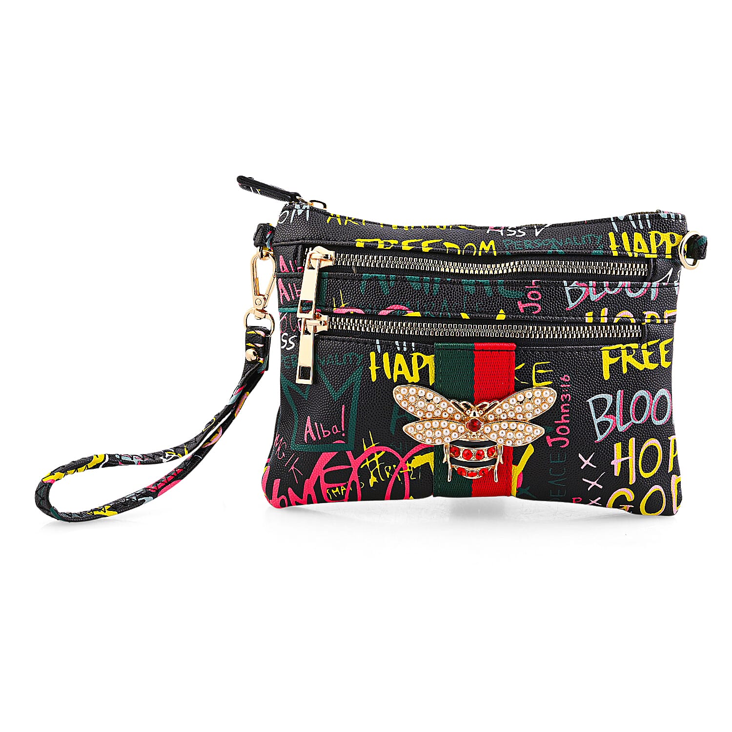 Closeout Chunma Black and Multi Color Graffiti Bee Faux Leather Clutch Crossbody Bag