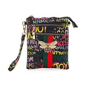 Closeout Chunma Black and Multi Color Graffiti Bee Faux Leather Clutch Crossbody Bag