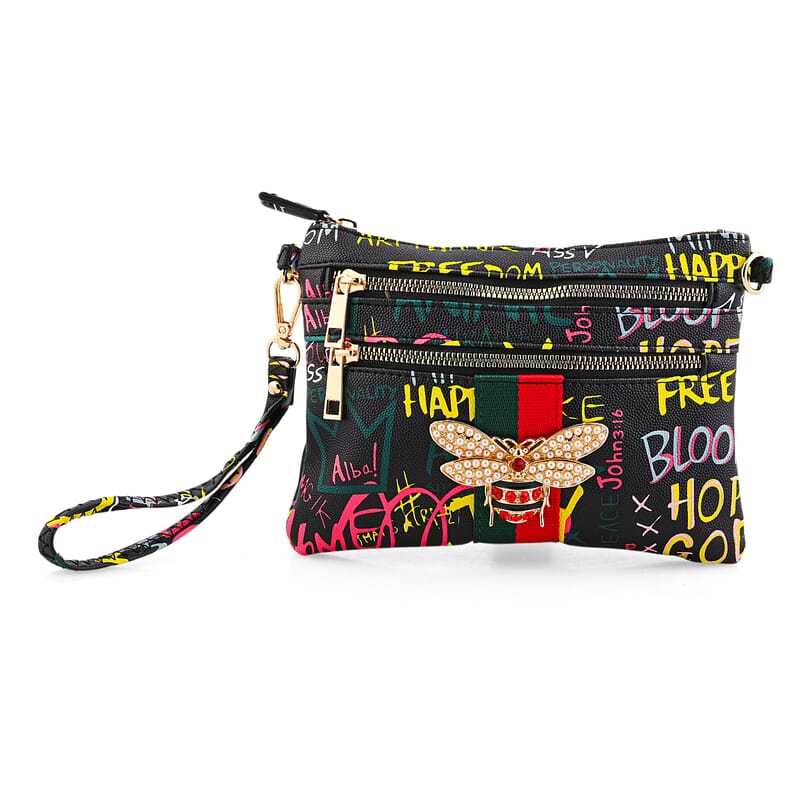Closeout Chunma Black and Multi Color Graffiti Bee Faux Leather Clutch Crossbody Bag