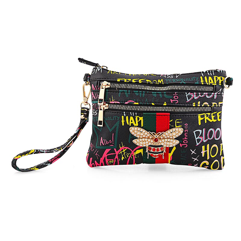 Closeout Chunma Black and Multi Color Graffiti Bee Faux Leather Clutch Crossbody Bag