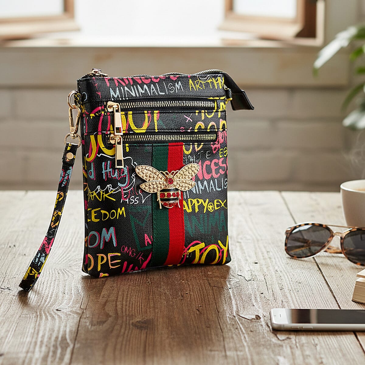 Closeout Chunma Black and Multi Color Graffiti Bee Faux Leather Clutch Crossbody Bag image number 1