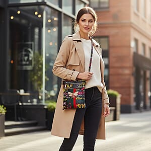 Closeout Chunma Black and Multi Color Graffiti Bee Faux Leather Clutch Crossbody Bag