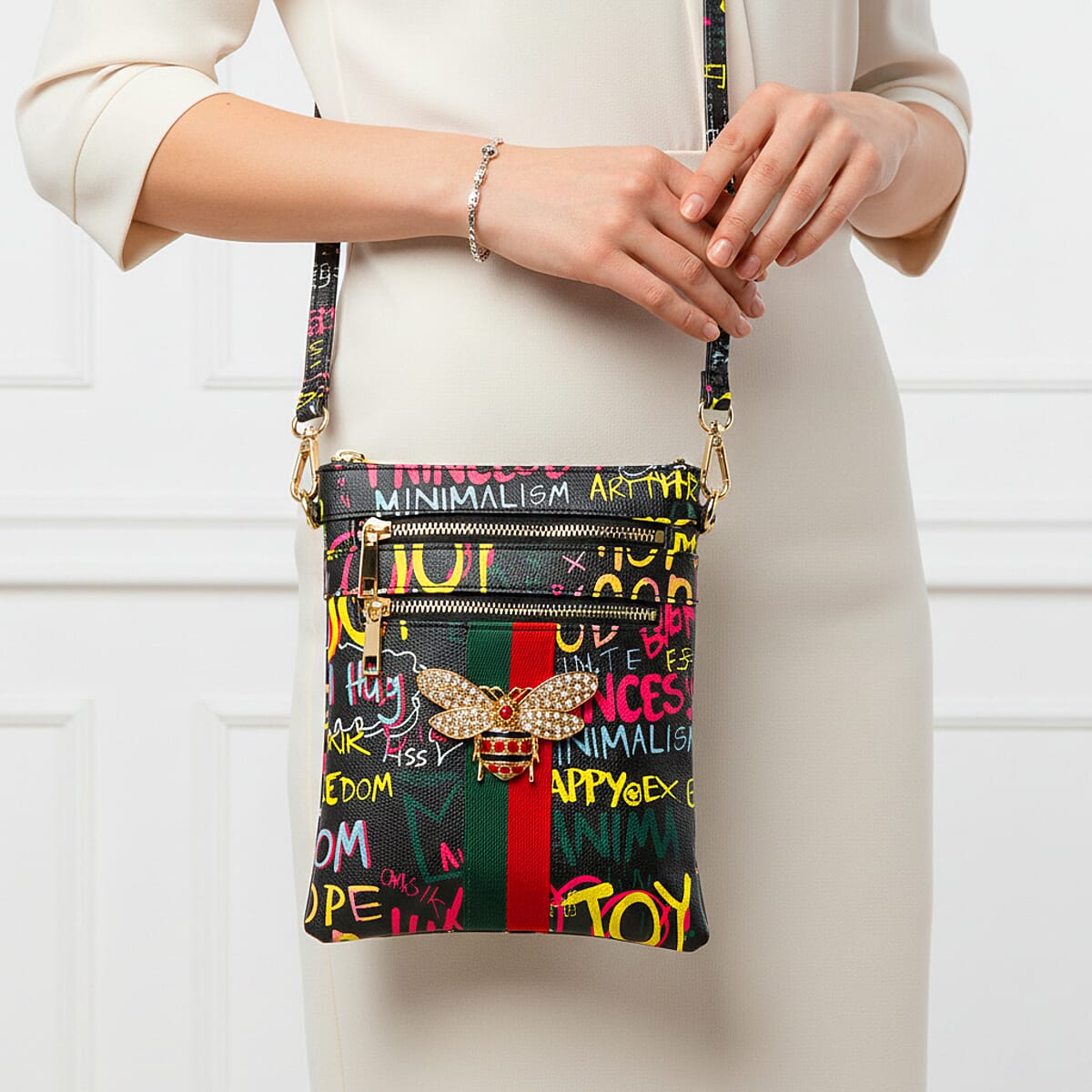 Closeout Chunma Black and Multi Color Graffiti Bee Faux Leather Clutch Crossbody Bag image number 3