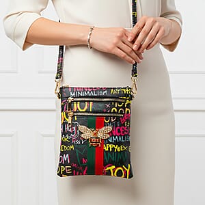 Closeout Chunma Black and Multi Color Graffiti Bee Faux Leather Clutch Crossbody Bag
