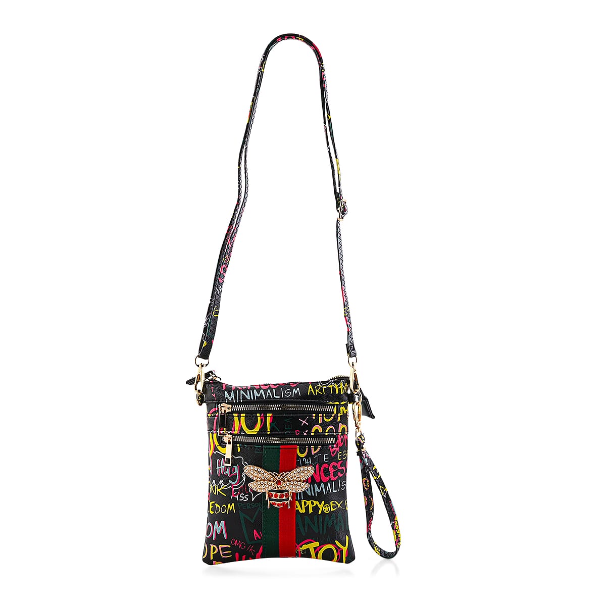 Closeout Chunma Black and Multi Color Graffiti Bee Faux Leather Clutch Crossbody Bag image number 4