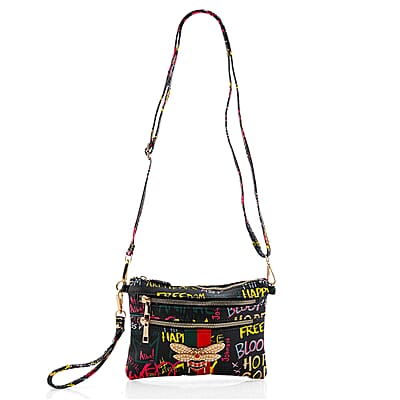 Closeout Chunma Black and Multi Color Graffiti Bee Faux Leather Clutch Crossbody Bag