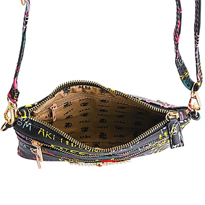 Closeout Chunma Black and Multi Color Graffiti Bee Faux Leather Clutch Crossbody Bag