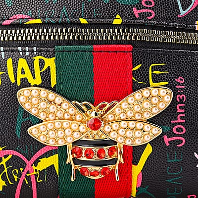Closeout Chunma Black and Multi Color Graffiti Bee Faux Leather Clutch Crossbody Bag