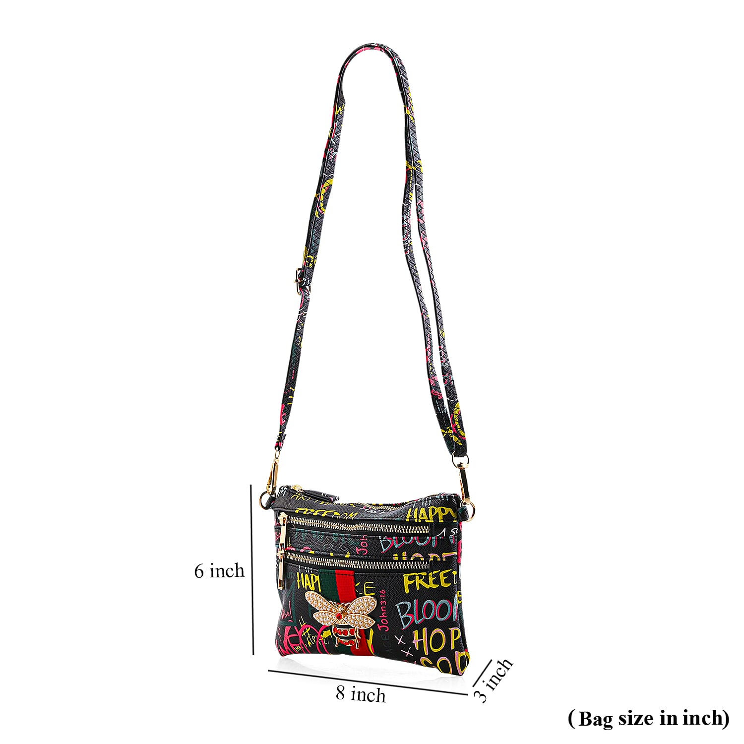 Closeout Chunma Black and Multi Color Graffiti Bee Faux Leather Clutch Crossbody Bag