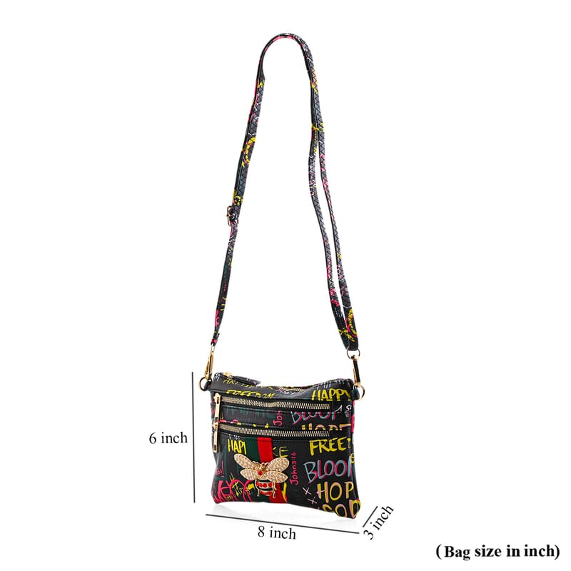 Closeout Chunma Black and Multi Color Graffiti Bee Faux Leather Clutch Crossbody Bag