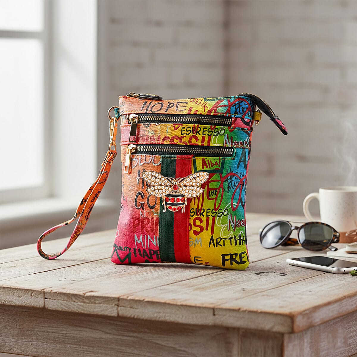 Closeout Chunma Multi Color Graffiti Bee Faux Leather Clutch Crossbody Bag image number 1