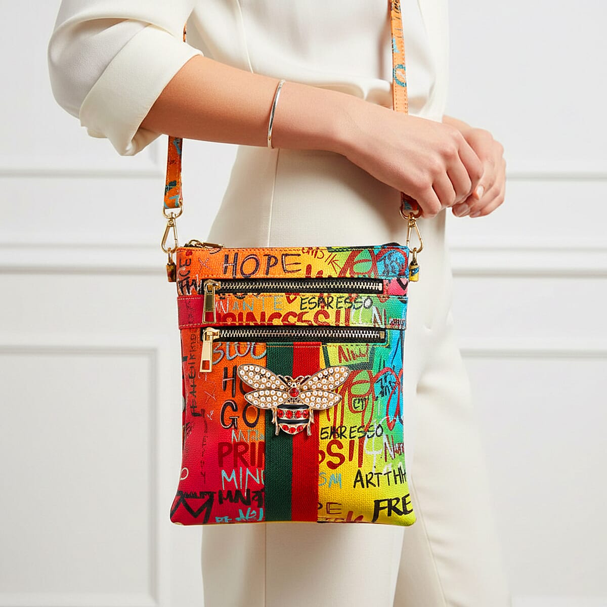 Closeout Chunma Multi Color Graffiti Bee Faux Leather Clutch Crossbody Bag image number 3