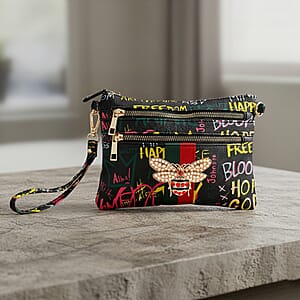 Closeout Chunma Black and Multi Color Graffiti Bee Faux Leather Clutch Crossbody Bag