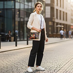 Closeout Chunma Black and Multi Color Graffiti Bee Faux Leather Clutch Crossbody Bag