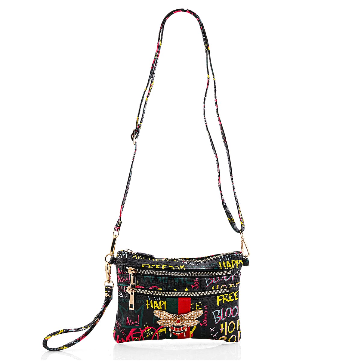 Closeout Chunma Black and Multi Color Graffiti Bee Faux Leather Clutch Crossbody Bag image number 4