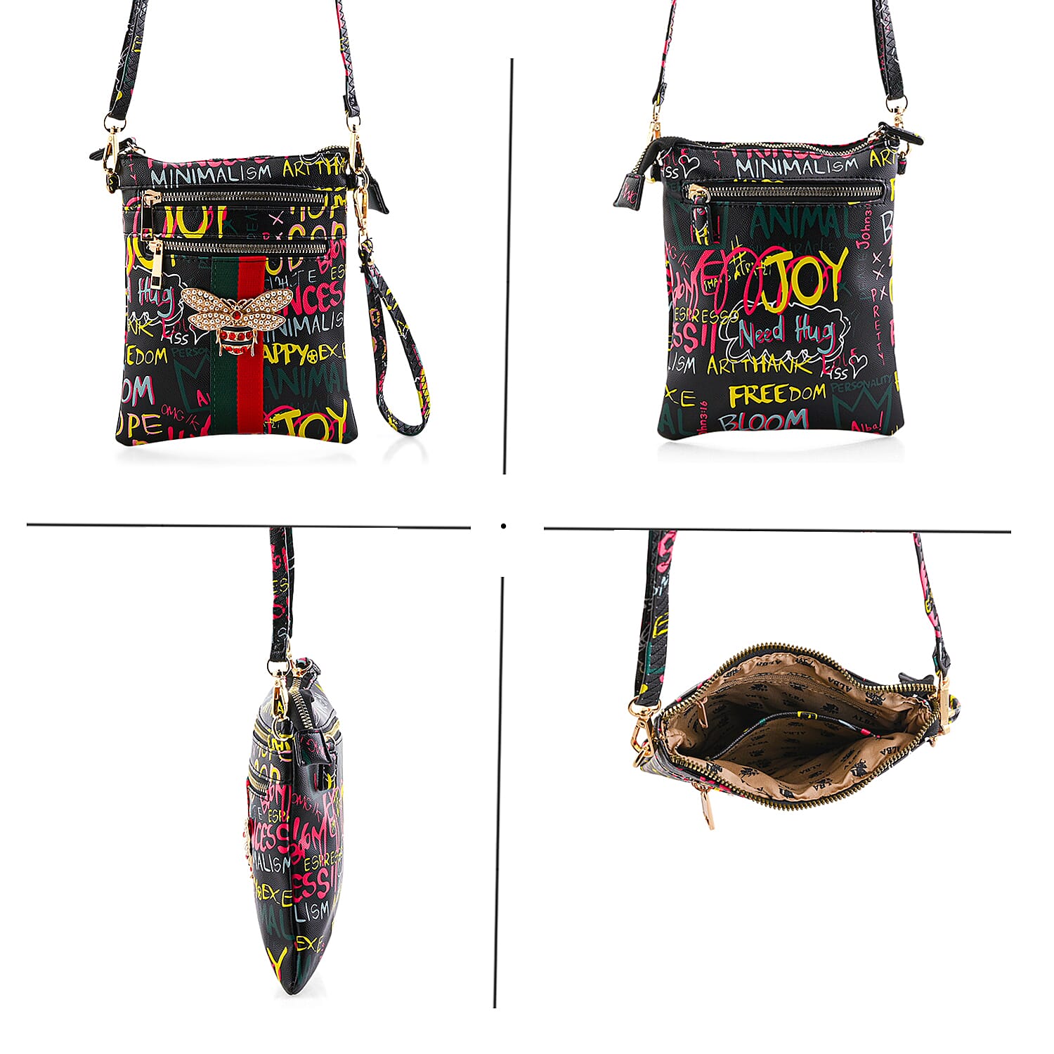 Closeout Chunma Black and Multi Color Graffiti Bee Faux Leather Clutch Crossbody Bag