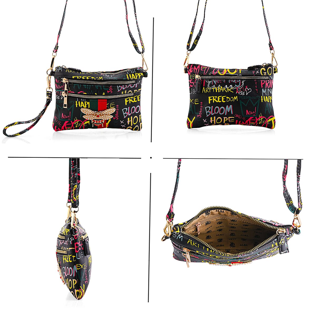 Closeout Chunma Black and Multi Color Graffiti Bee Faux Leather Clutch Crossbody Bag image number 5
