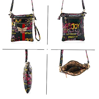 Closeout Chunma Black and Multi Color Graffiti Bee Faux Leather Clutch Crossbody Bag