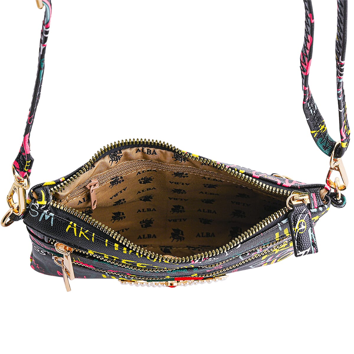 Closeout Chunma Black and Multi Color Graffiti Bee Faux Leather Clutch Crossbody Bag image number 6