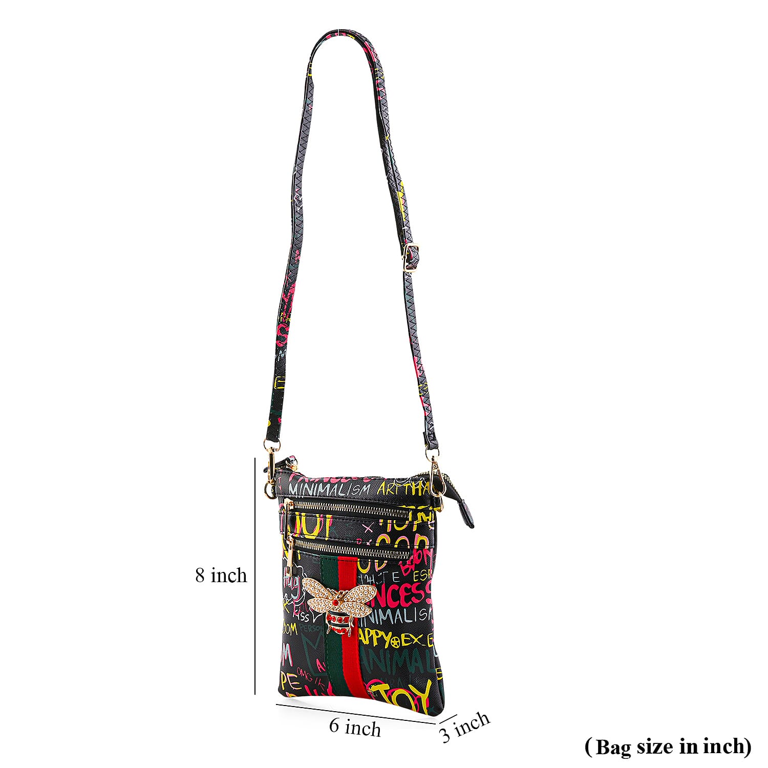 Closeout Chunma Black and Multi Color Graffiti Bee Faux Leather Clutch Crossbody Bag