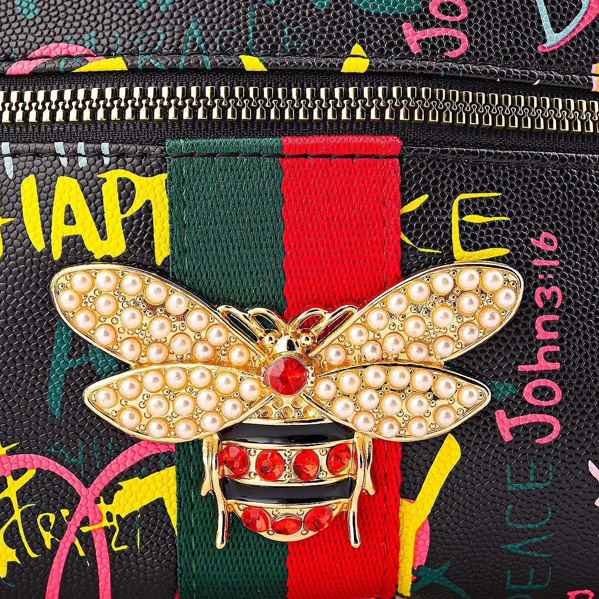 Closeout Chunma Black and Multi Color Graffiti Bee Faux Leather Clutch Crossbody Bag image number 7