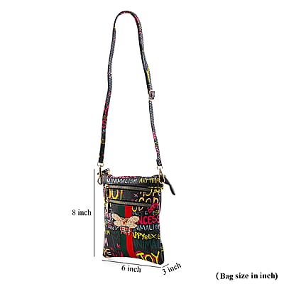 Closeout Chunma Black and Multi Color Graffiti Bee Faux Leather Clutch Crossbody Bag