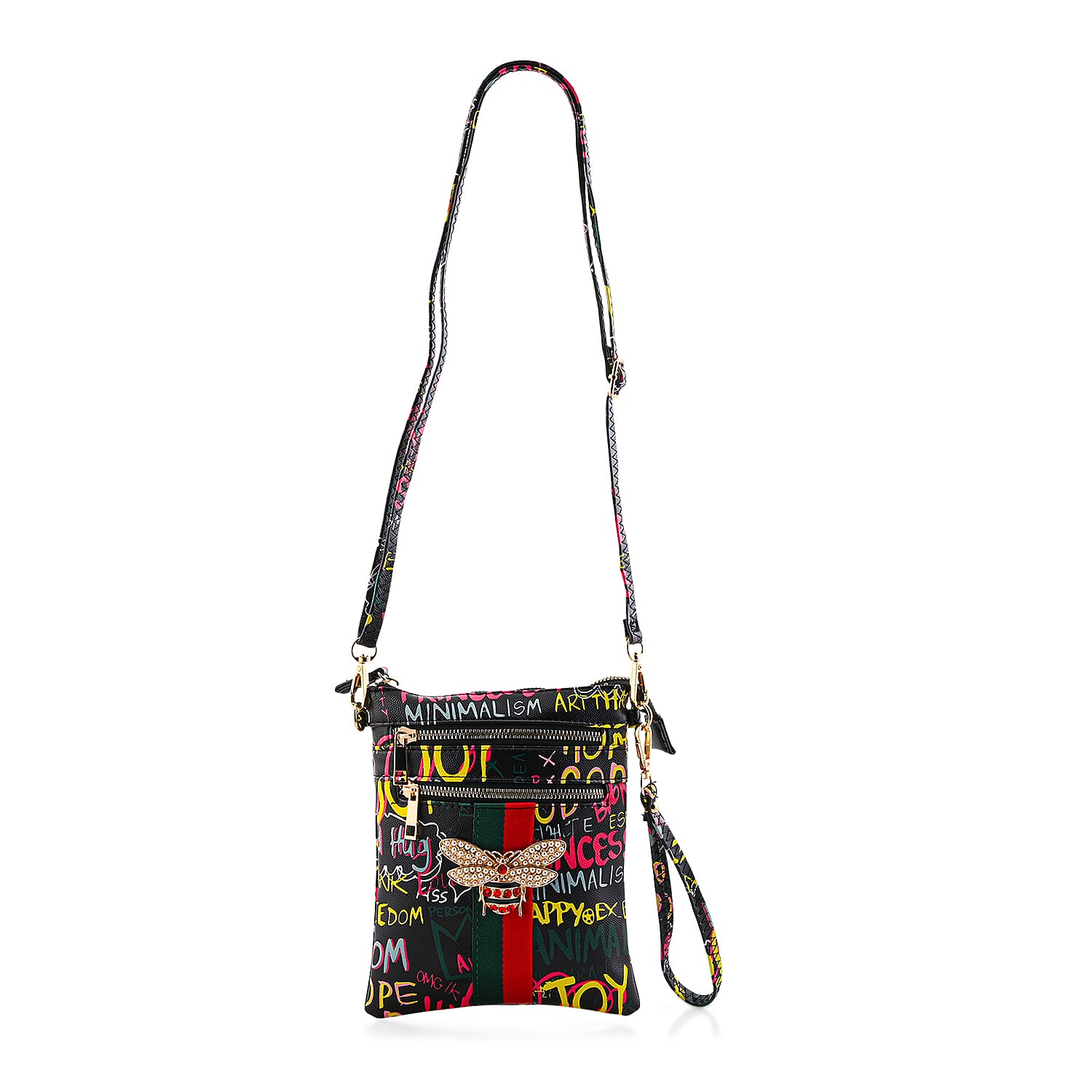 Closeout Chunma Black and Multi Color Graffiti Bee Faux Leather Clutch Crossbody Bag