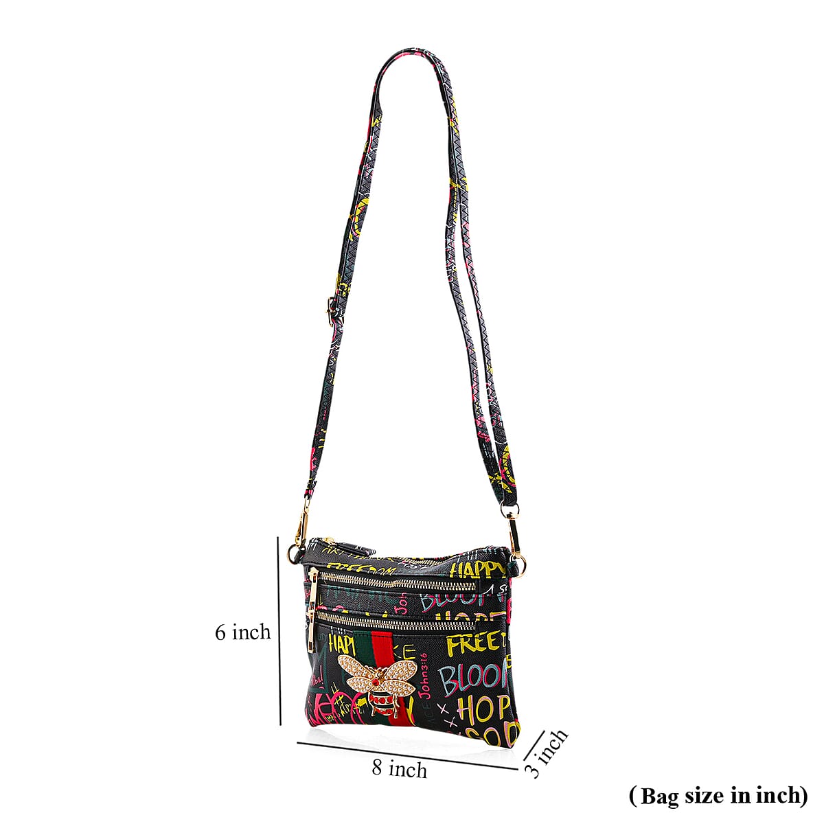 Closeout Chunma Black and Multi Color Graffiti Bee Faux Leather Clutch Crossbody Bag image number 8