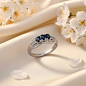 D'Joy Premium Monte Belo Indicolite and White Zircon 0.60 ctw Azure Trinity Ring in Rhodium Over Sterling Silver (Size 7.0)