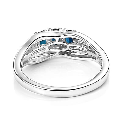 D'Joy Premium Monte Belo Indicolite and White Zircon 0.60 ctw Azure Trinity Ring in Rhodium Over Sterling Silver (Size 7.0)