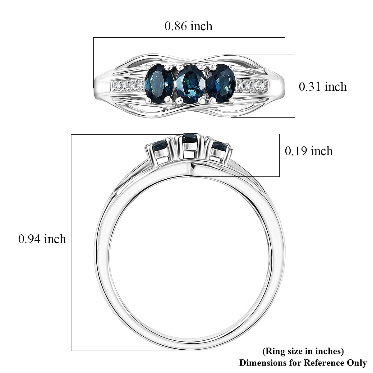 D'Joy Premium Monte Belo Indicolite and White Zircon 0.60 ctw Azure Trinity Ring in Rhodium Over Sterling Silver (Size 8.0) image number 5
